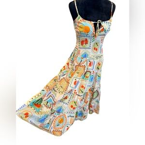 Moon River Patterned Tiered Maxi Dress Fruit Theme Spaghetti Strap Size XS